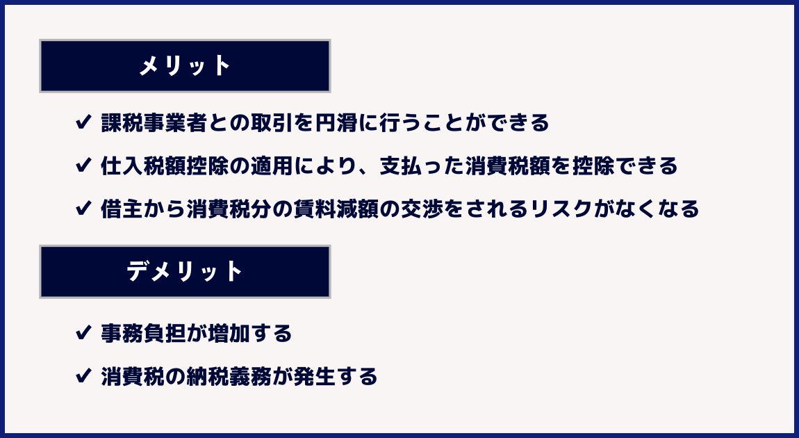 ■メリット：課税事業者との取引を円滑に行うことができる
仕入税額控除の適用により、支払った消費税額を控除できる。事業用賃貸の場合、借主から消費税分の賃料減額の交渉をされるリスクがなくなる。■デメリット：事務負担が増加する消費税の納税義務が発生する